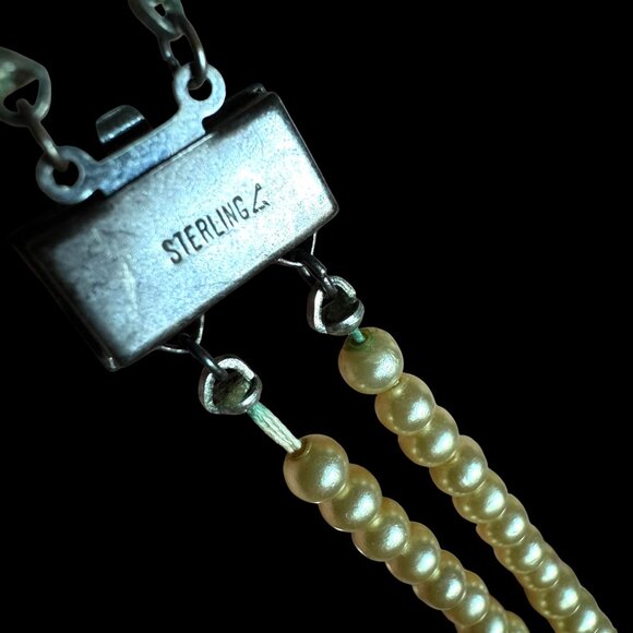 Vtg Sterling 925 Box Clasp Faux Cream Pearl Double-Strand 14" Art Deco Necklace - Picture 5 of 16